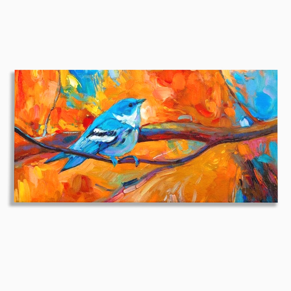 Tablou canvas cu tablou canvas cu pasare albastra pe ramura, fara rama, pe sasiu de lemn